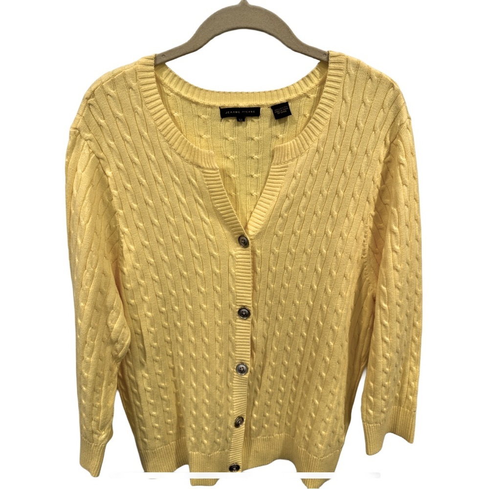 JEANNE PIERRE Butter Yellow Cotton Cable Knit Cardigan XL